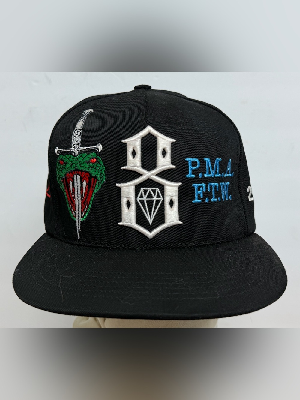 Rebel 8 Black Snapback Flat Brim Hat AOP Logos  NEW